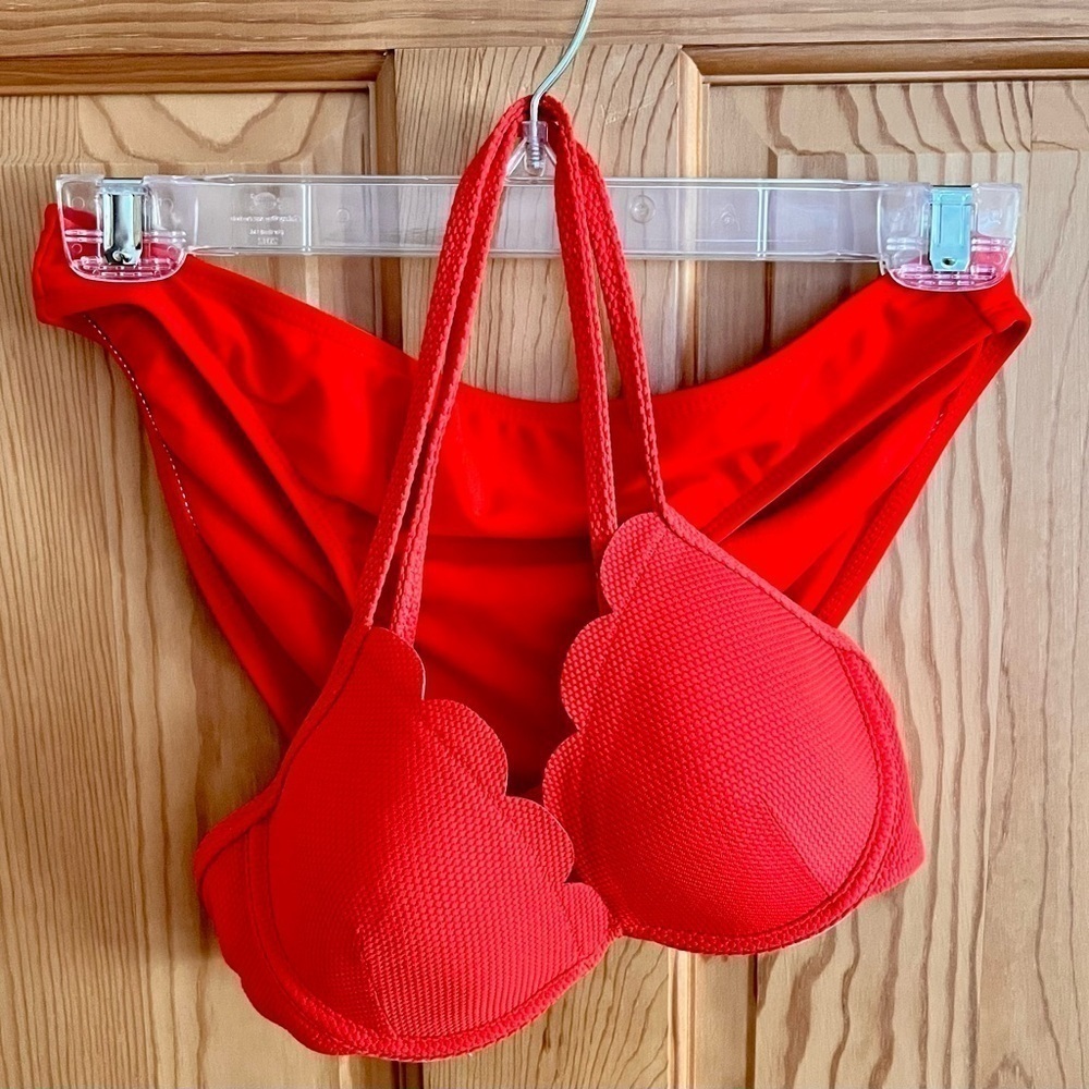 Scalloped Padded Bikini Set Coral Orange XS Mermaidcore Beach Swim Two Piece